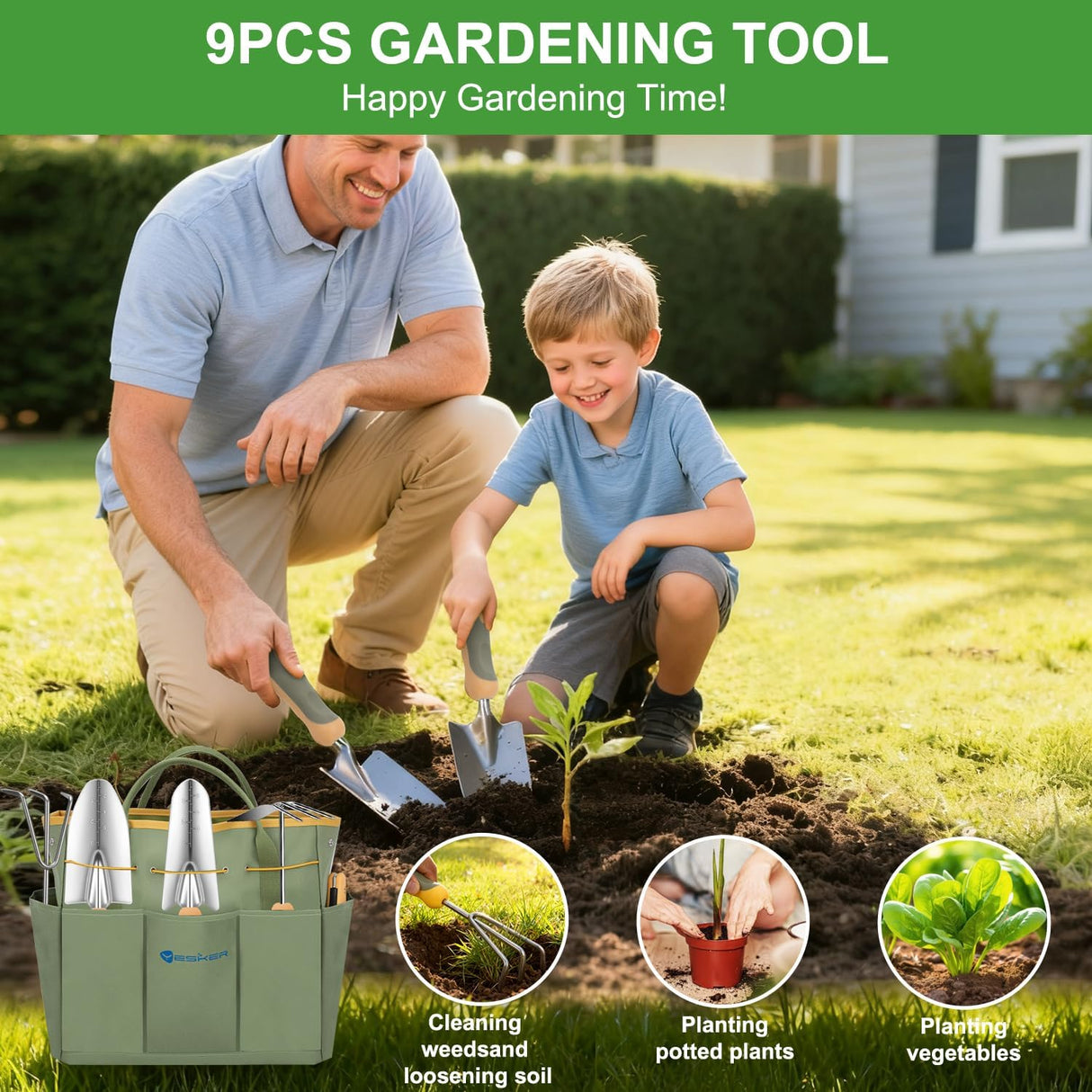 Gardening Tools 9-Piece Heavy Duty Garden Tool Set Gardening Supplies Gifts for Women Men Gardening Hand Tool Kit w Non-Slip Ergonomic Rubber Handle, Durable Garden Bag, Pruning Shears, Green
