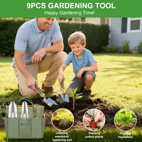 Gardening Tools 9-Piece Heavy Duty Garden Tool Set Gardening Supplies Gifts for Women Men Gardening Hand Tool Kit w Non-Slip Ergonomic Rubber Handle, Durable Garden Bag, Pruning Shears, Green