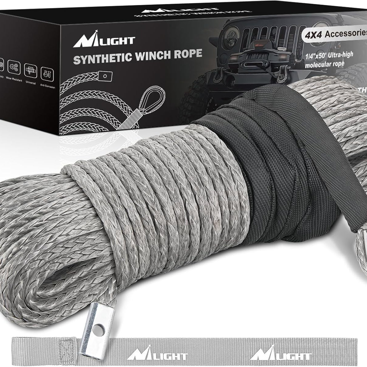 Winch Rope 1/4 Inch x 50 Feet 9000 LBS Synthetic Winch Line Cable with ...