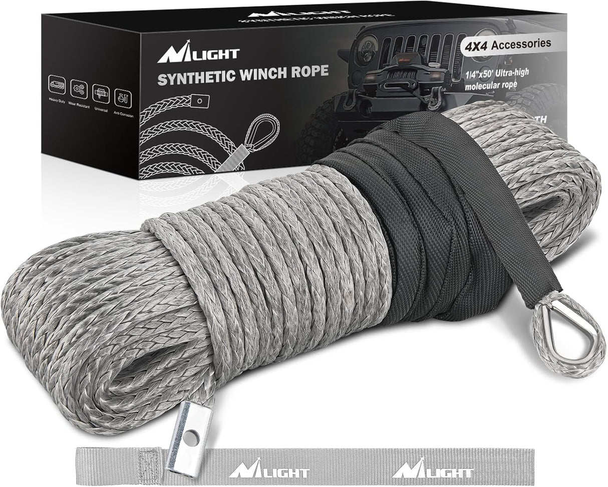 Winch Rope 1/4 Inch x 50 Feet 9000 LBS Synthetic Winch Line Cable with Black Protective Sleeve for ATV Towing Winches with Synthetic Ropes UTV Truck Boat SUV Vehicle, Grey