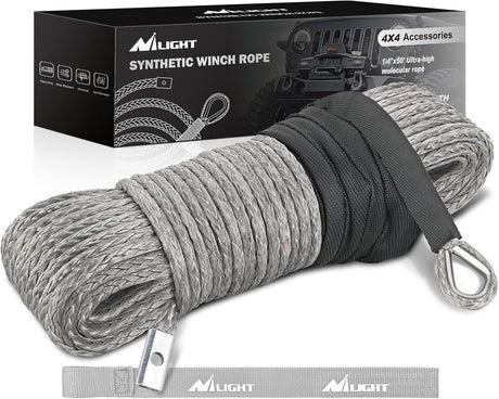 Winch Rope 1/4 Inch x 50 Feet 9000 LBS Synthetic Winch Line Cable with Black Protective Sleeve for ATV Towing Winches with Synthetic Ropes UTV Truck Boat SUV Vehicle, Grey