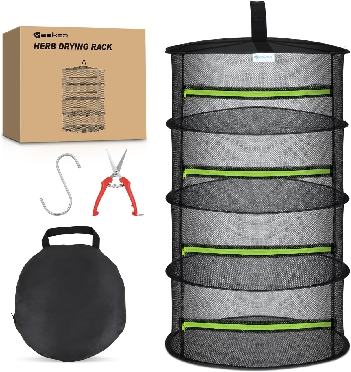 4 Layer Herb Drying Rack Hanging Mesh Net Foldable Plant Drying Racks 24 Inch w Green Zipper Pruning Shears Hook Dryer Hanging Rack for Herbs Seed Bud Fruit Clothes Grow Tent Closets Garden Outdoor
