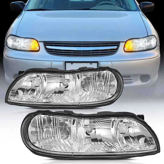 Headlight Assembly Headlight Assembly Chrome Case Reflector Clear Lens For 1997-2003 Chevy Malibu 2004-2005 Chevy Classic 1997-1999 Oldsmobile Cutlass (Pair)
