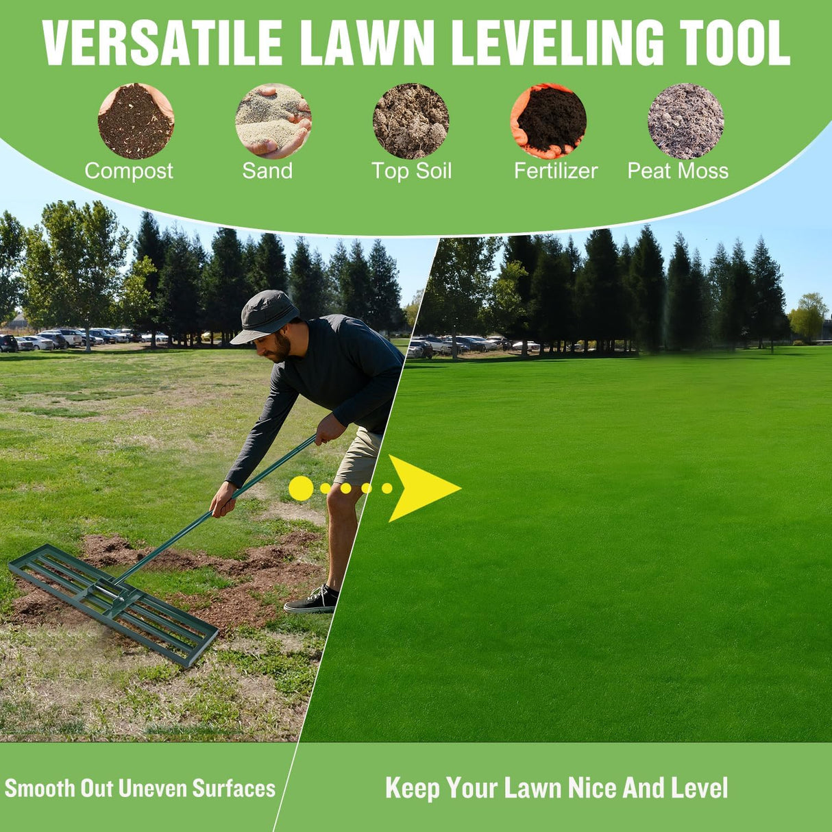 Lawn Leveling Rake 42 Inch for Soil Yard Leveling Rake with 42 Inchx10 Inch Ground Plate 72 Inch Steel Handle Effort-Saving Heavy Duty Ground Leveler Tool for Backyard Garden Farm Golf Course Landscaping