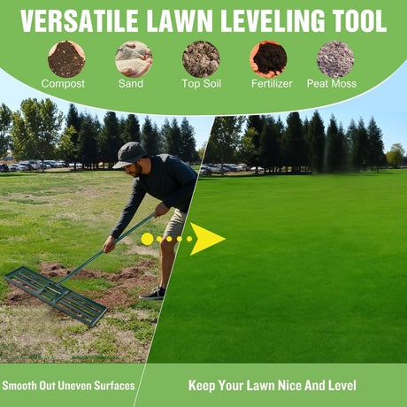 Lawn Leveling Rake 42 Inch for Soil Yard Leveling Rake with 42 Inchx10 Inch Ground Plate 72 Inch Steel Handle Effort-Saving Heavy Duty Ground Leveler Tool for Backyard Garden Farm Golf Course Landscaping