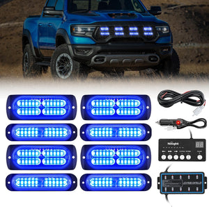 8PCS Led Strobe Lights with Controller 12V 24V Sync Feature Blue Emergency Hazard Warning Light 12 24 LED Surface Mount for Vehicle Car Truck RV ATV