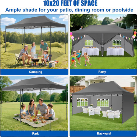 10x20 Pop Up Canopy Tent with Sidewalls Instant Outdoor Canopy, Waterproof & UV Protection, Easy Setup Adjustable Height Heavy Duty Shelter Gazebo Tent for Patio Backyard Party Events, Gray