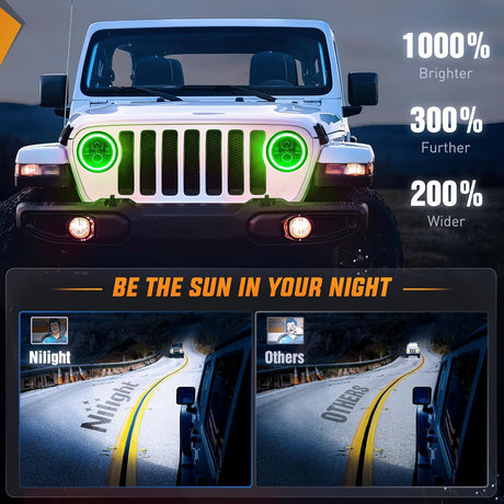 7 Inch Round LED Halo Headlights w/Turn Signal Amber Light Green DRL High Low Beam 7 Inch Headlight Compatible with 2007 2008 2009 2010 2011 2012 2013 2014 2015 2016 2017 2018 Wrangler JK JKU