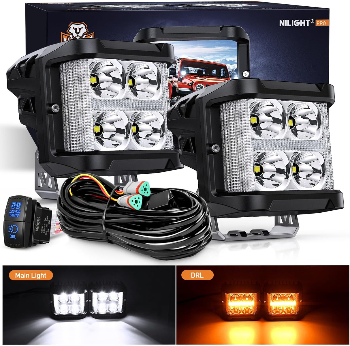 Side Shooter LED Light Pods with Amber DRL 4 Inch 26 W Spot Flood Combo LED Cubes Light w/ 16AWG Wiring Kit for Offroad Driving Fog Light Auxiliary Light on Truck ATV UTV