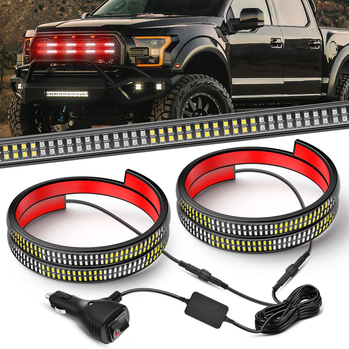 2PCS 24 inch Truck Grille Strobe Lights Strip 384 LED Emergency Light Red White Flexible Side Flashing Warning Caution Safety Waterproof Lighting Kit for Trucks Tow Plow Construction Vehicles
