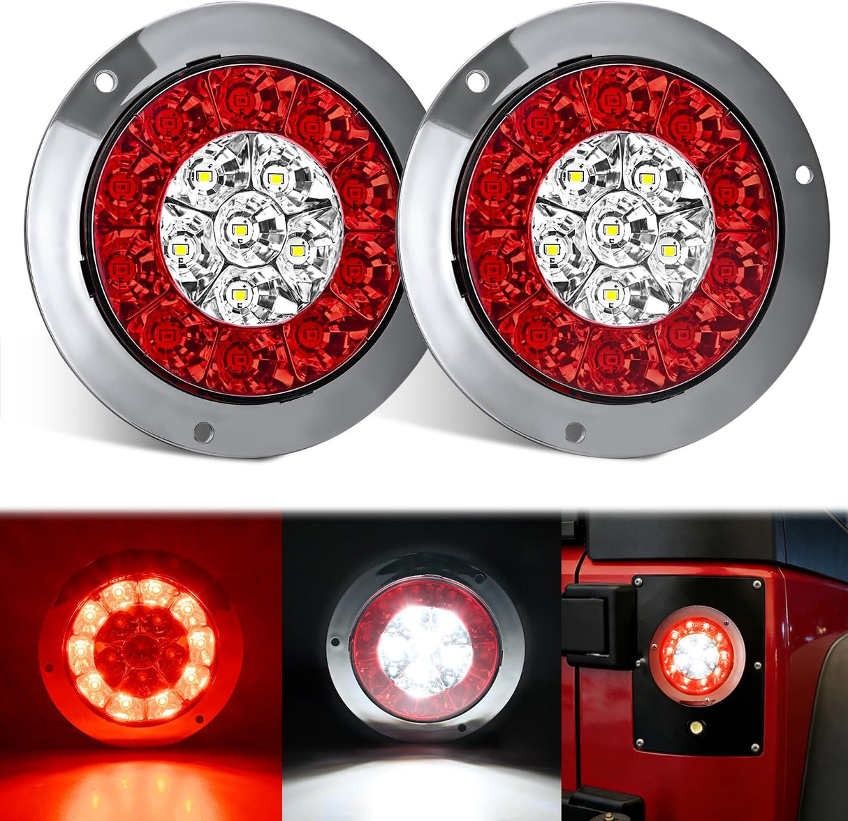 Trailer Tail Lights 2PCS 4Inch Round 16LED Red White Chrome | Frame Marker Clearance Stop Brake Reverse Backup Running Taillights IP67 Waterproof for Trailer Truck Pickup Camper RV