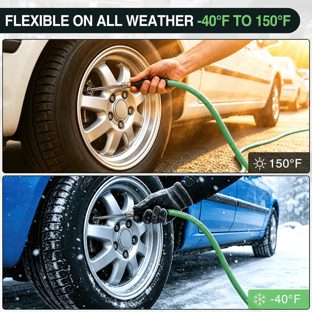 Heavy Duty Truck Tire Inflator Kit 3/8 in x 50 FT 300 PSI | Hybrid Air Hose with Universal Glad Hand and Air Chuck Lightweight Kink Resistant Semi Trailer Tractor Tire Inflation Hose