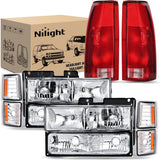 Headlight and Taillight Assembly Combo Compatible with 1994 1995 1996 1997 1998 Chevy Silverado Tahoe Suburban C10 C/K 1500 2500 3500 Tail Light Chrome Housing Amber Reflector Bumper Lamp