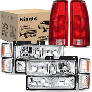 Headlight and Taillight Assembly Combo Compatible with 1994 1995 1996 1997 1998 Chevy Silverado Tahoe Suburban C10 C/K 1500 2500 3500 Tail Light Chrome Housing Amber Reflector Bumper Lamp