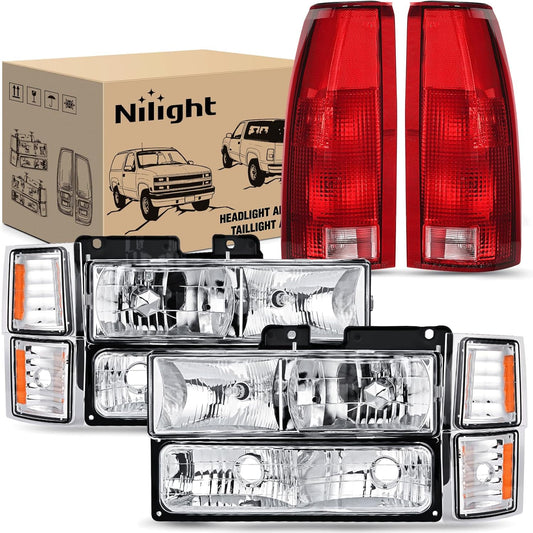 Headlight and Taillight Assembly Combo Compatible with 1994 1995 1996 1997 1998 Chevy Silverado Tahoe Suburban C10 C/K 1500 2500 3500 Tail Light Chrome Housing Amber Reflector Bumper Lamp