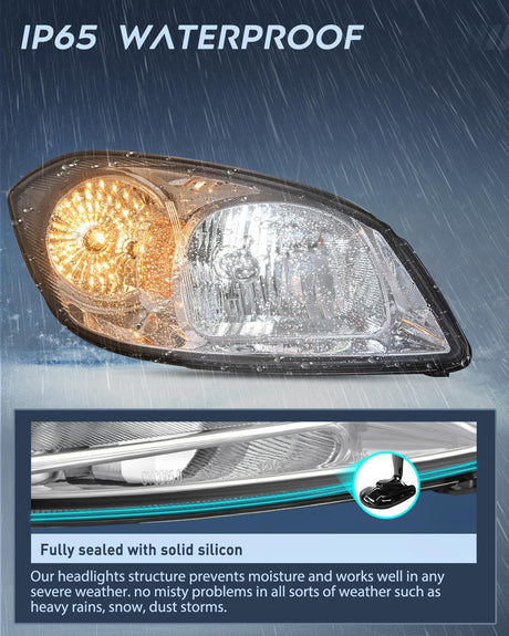 2005-2010 Chevy Cobalt 2005-2009 Pontiac Headlight Assembly Chrome Housing Amber Reflector Lens Nilight