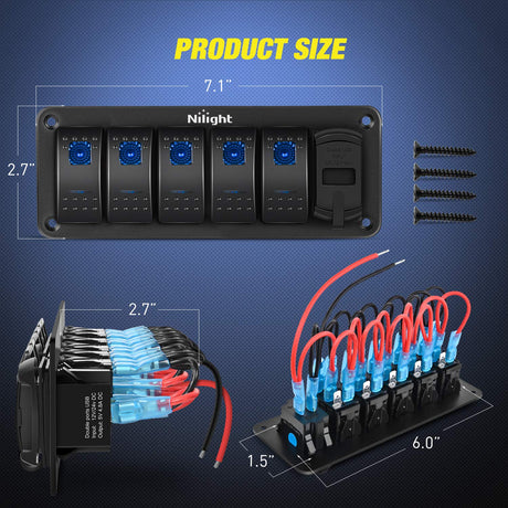5Gang Aluminum 5Pin ON/Off Blue Rocker Switch Panel w/ PD Type C and USB Charger Voltmeter Nilight