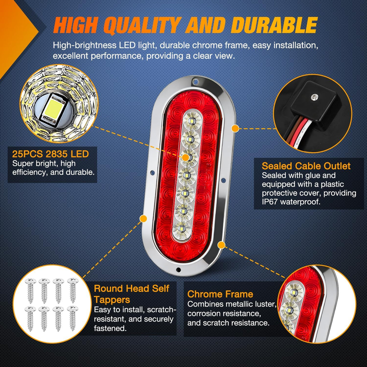 Trailer Tail Lights 2PCS 6Inch Oval 23LED Red White Chrome | Frame Marker Clearance Stop Brake Reverse Backup Running Taillights IP67 Waterproof for Trailer Truck Pickup Camper RV
