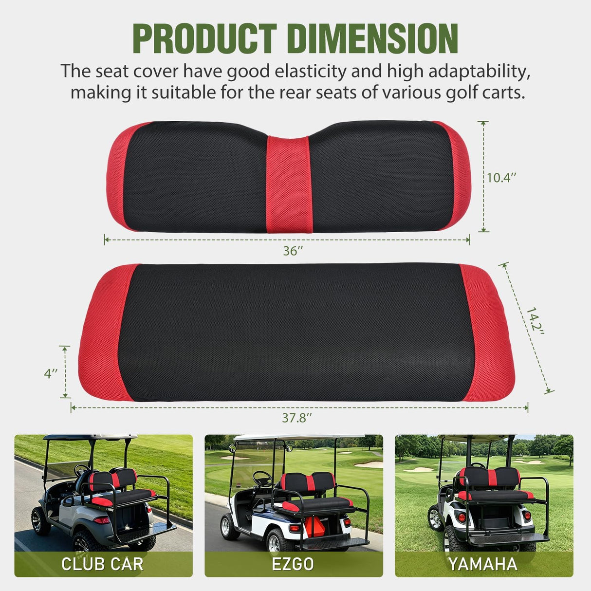Golf Cart Rear Seat Cover 1PC Red Black Club Car EZGO Yamaha | Breathable Sandwich Mesh Sun Scratch Resistant Washable No Staple Fits Aftermarket Rear Seats for Club Car EZGO Yamaha