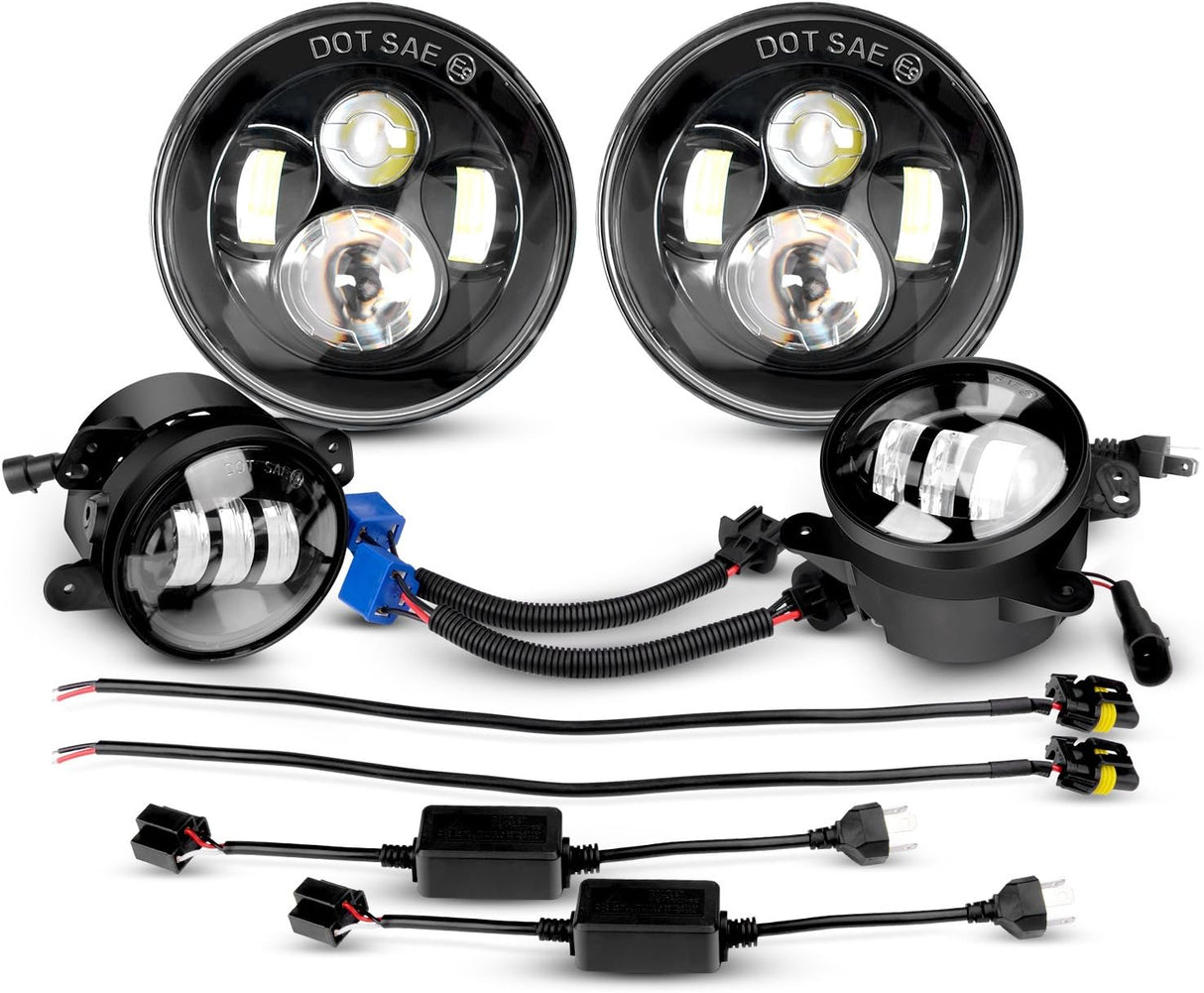 2PCS 7 Inch LED Headlight Compatible with Jeep 2PCS 4 Inch LED Fog Light for Jeep Wrangler 97-17 JK LJ CJ