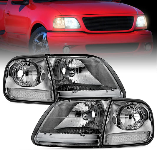 Headlight Assembly Compatible with 1997 1998 1999 2000 2001 2002 2003 Ford F-150 Expedition Chrome Housing Smoked Lens