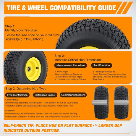 15x6.00-6 Lawn Mower Tire, 15 Inch Pneumatic Rubber Tire with 3/4 Inch Axle Bore & 3 Inch Hub Length, Air-Filled Replacement Wheel for Riding Lawn Mowers, 1 Pack