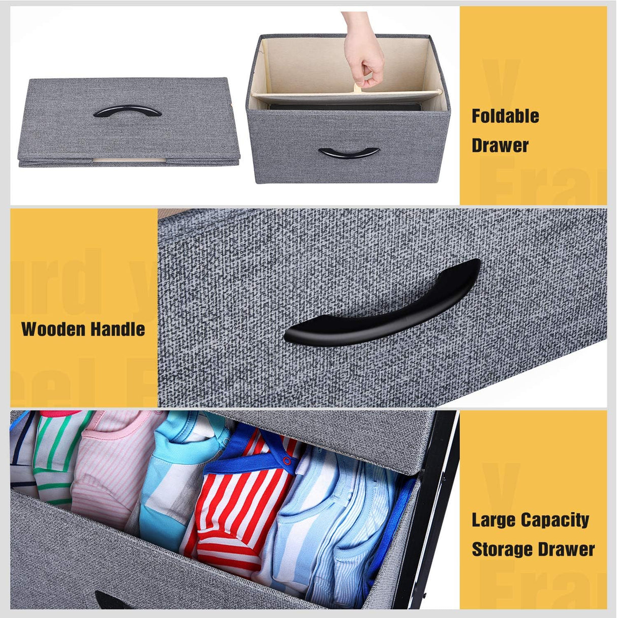 Storage Tower Units, Nightstand Dresser Organizer with 4 Drawers, Fabric Vertical, Steel Frame Wide Wood Top Small Dresser for Bedroom Hallway Entryway Closets, Easy Pull Handle, Black Grey