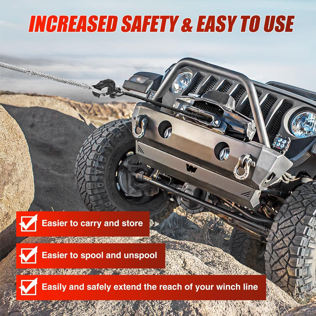 Winch Rope Synthetic Winch Rope Extension 3/8 Inch x 50 Feet 25,000 Lbs ATV Winch Extension Cable Replacement Tow Ropes Line for Off Road Vehicle Polaris ATV UTV Truck SUV Jeep, Grey