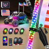 RGB LED Whip Light 2PCS 4FT with 4 Rock Lights Combo | APP and Remote Control with DIY Chasing Patterns Turn Signal Brake Reverse Functions and Spring Base for ATV UTV RZR and Jeep