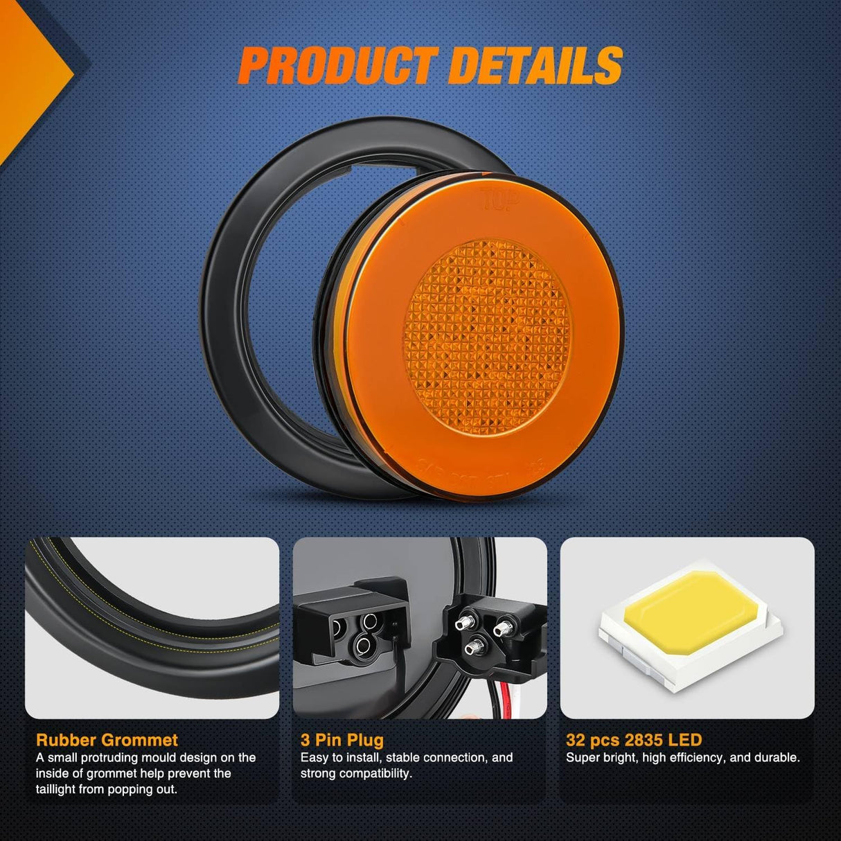 Trailer Tail Lights 2PCS 4Inch Round 32LED Amber Halo Ring | Grommet Mount IP67 Waterproof Marker Clearance Turn Signal Running Taillights for Trailer Truck Pickup Camper RV