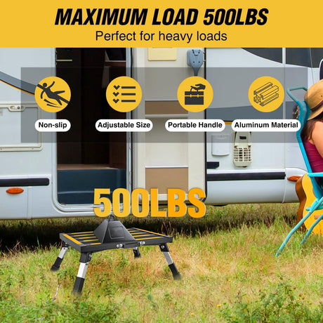 RV Step Stool Aluminum Folding Platform Steps 19x14.5 RV Steps 4 Levels Adjustable Heavy Duty Step Stool with Anti-Slip Surface Rubber Feet Portable Handle 500lbs for Camper Trailer, Black