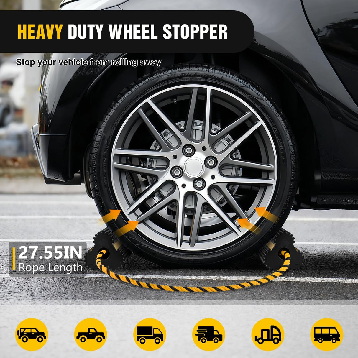 Wheel Chocks RV Car Heavy Duty Rubber Tire Chock Blocks Stopper Yellow Reflective Strips Stabilizer 2 Pack with Rope for RVs Cars Travel Trailers Campers Trucks Motorcycle Accessories Parking