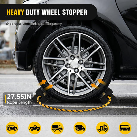 Wheel Chocks RV Car Heavy Duty Rubber Tire Chock Blocks Stopper Yellow Reflective Strips Stabilizer 2 Pack with Rope for RVs Cars Travel Trailers Campers Trucks Motorcycle Accessories Parking