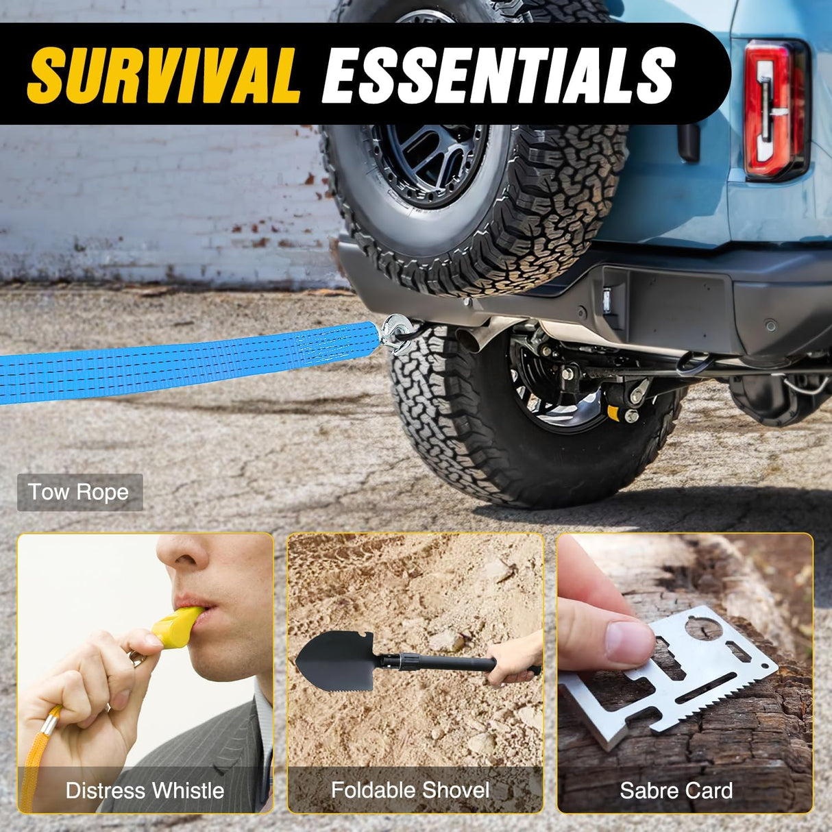 Car Emergency Kit with Jumper Cable Air Compressor Tire Repair Essential Tools First Aid Alligator Connector Electrical Kit for Travel Camping Outdoor Cars Truck SUV RV
