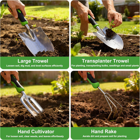 Gardening Tools 7-Piece Heavy Duty Garden Tool Set Gardening Supplies Gifts for Women Men Gardening Hand Tool Kit with Non-Slip Ergonomic Handle, Durable Garden Bag, Pruning Shears, Black Green