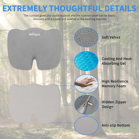 Car Seat Cushion Gray Velvet Gel Memory Foam Seats Soft and Comfortable Suitable for Daily Life and Driving Relieves Sciatica and Tailbone Pain Improves Drive Vision