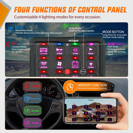 12 Gang Switch Panel Circuit Control Relay System APP RGB Backlight Fuse Wiring Harness Toggle Momentary Strobe Flash Modes Automatic Dimmable 12V 24V for Car Truck Camper SUV