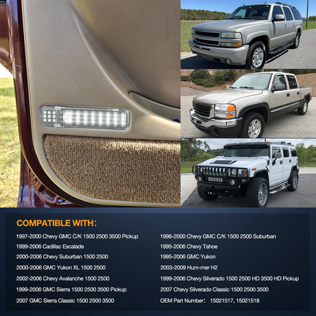 2PCS LED Interior Door Panel Light Courtesy Warning Lights White Beam Plug and Play Compatible with Chevy GMC C/K Silverado Sierra 1500 2500 3500 HD Suburban Cadillac Escalade Hummer H2