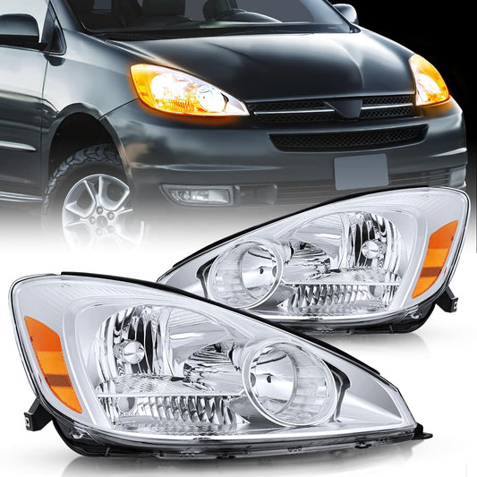 2004 2005 Toyota Sienna Headlight Assembly Chrome Housing Amber Reflector Upgraded Clear Lens Nilight