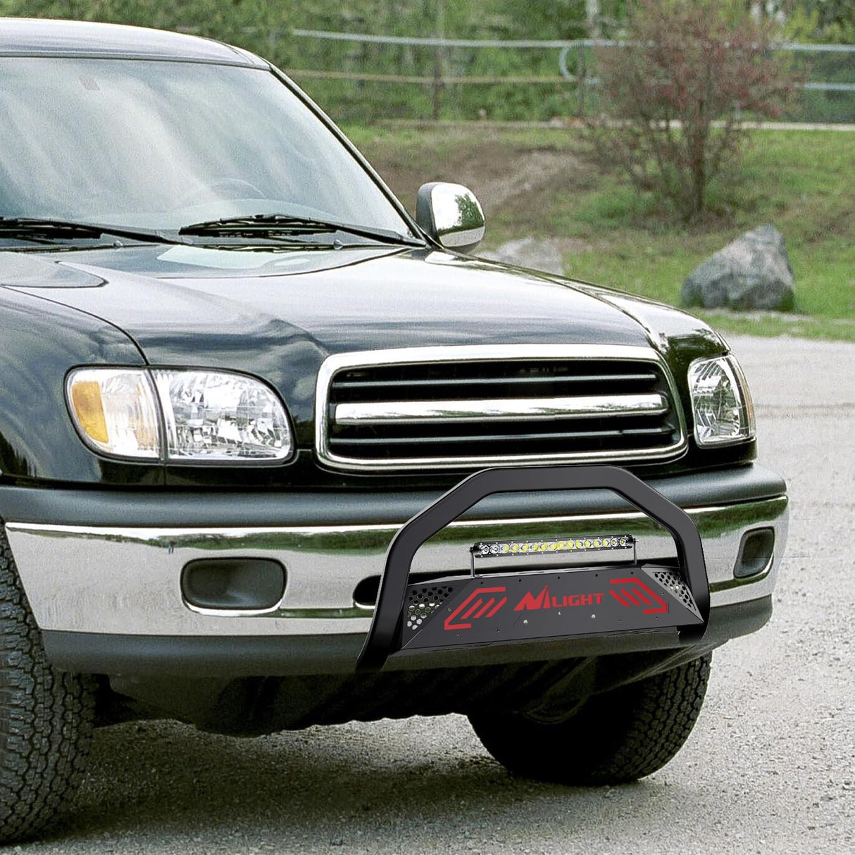 Bull Bar&License Plate Hole with LED Light Bar Compatible with Toyota Tundra 1999-2006 for Toyota Sequoia 2001-2007 Truck Brush Guard, Front Bumper Push Bar w/Grille Skid Plate Light Mount