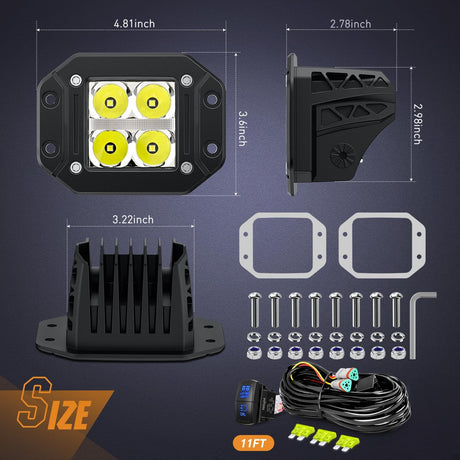 Flush Mount LED Pod Lights with Amber DRL 2PCS 4.8Inch Spot Beam 20W 2510LM Backup Reverse Offroad Driving Light w/ 16AWG Wiring kit for4x4 Truck SUV Jeep