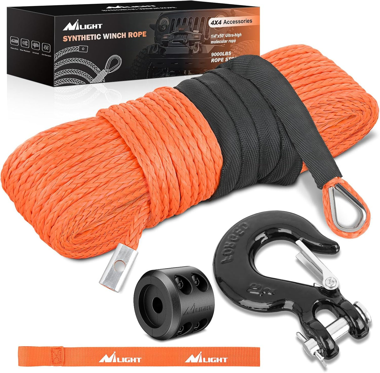 1/4 inch x 50 ft Synthetic Winch Line Cable Kit - Universal for ATV, UTV, 4x4 Off-Road Vehicle - 9000 lbs Winch Line Ropes with Steel Hook, Rubber Stopper, Protective Sleeve, Safety Strap, Orange
