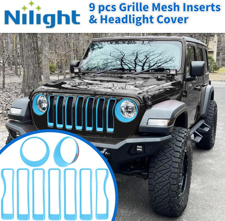 Grill Inserts fit for Jeep Wrangler Front Grille Inserts Headlight Cover Set for JL JLU Unlimited Sport SportS 2018 2019 2020 2021 2022 2023 Grille Bezels Trim Exterior Accessories Blue 9 Pcs
