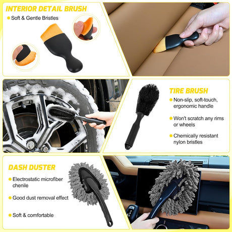 Automotive Tools 37PCS Car Detailing Kit Auto Cleaning Tools Wash Set with Storage Carry Bag Home Use for Interior Exterior Deep Clean Car Care Windshield Dashboard Seat Air Vents Wheels Tires, Yellow