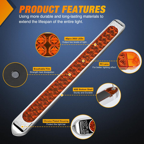 LED Tail Light 2PCS 17 Inch 40LED Amber Running Tail Turn Signals Lights w/Chrome Bezel Waterproof Surface Mount for 12V Towing Trailer Truck RV Camper Boat