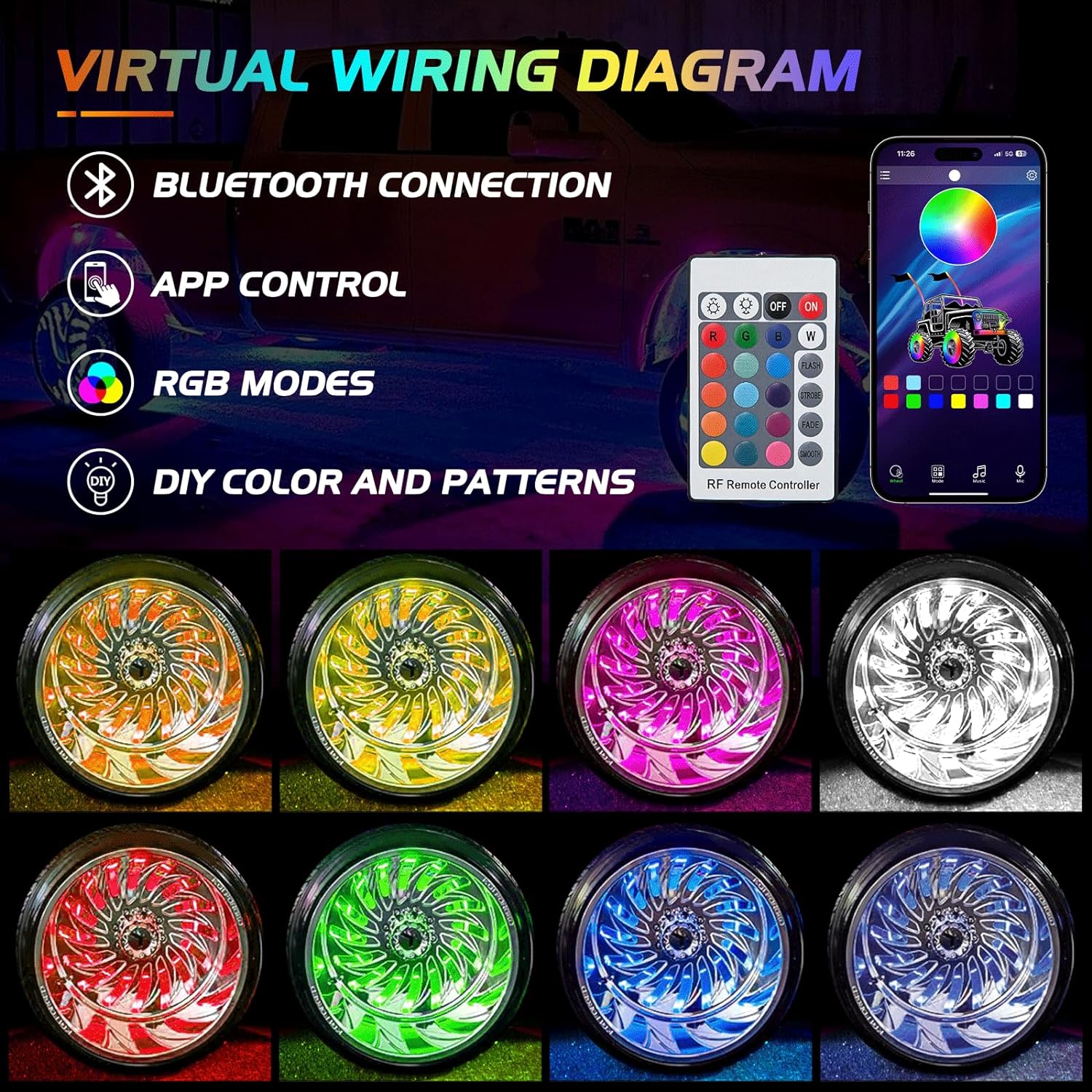 17.5" LED Wheel Ring Lights Single Row RGB APP Remote Control 4Pcs Nilight