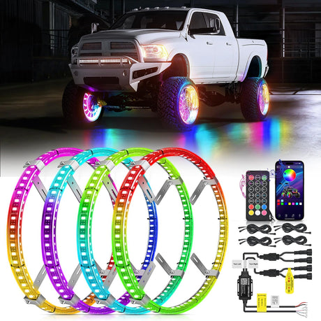 4PCS 17.5inch Double Row Wheel Ring Lights Dream Color with APP and Remote Control Neon Lights w/Turn Signal and Braking Function Dual Row for Car Van SUV Truck