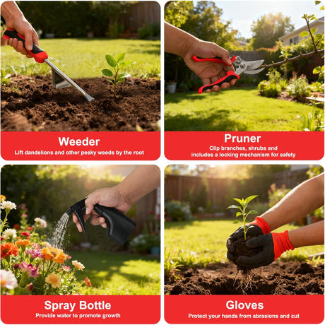 Gardening Tools 9-Piece Heavy Duty Garden Tool Set Gardening Supplies Gifts for Women Men Gardening Hand Tool Kit with Non-Slip Ergonomic Handle, Garden Bag, Durable Gloves, Pruning Shears, Red