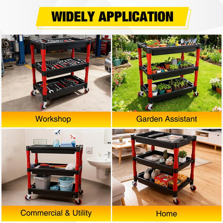 3-Tier Rolling Utility Cart with 4 Inch Swivel Wheels, Heavy-Duty Plastic Tool Cart for Auto Detailing, Garage & Workshop