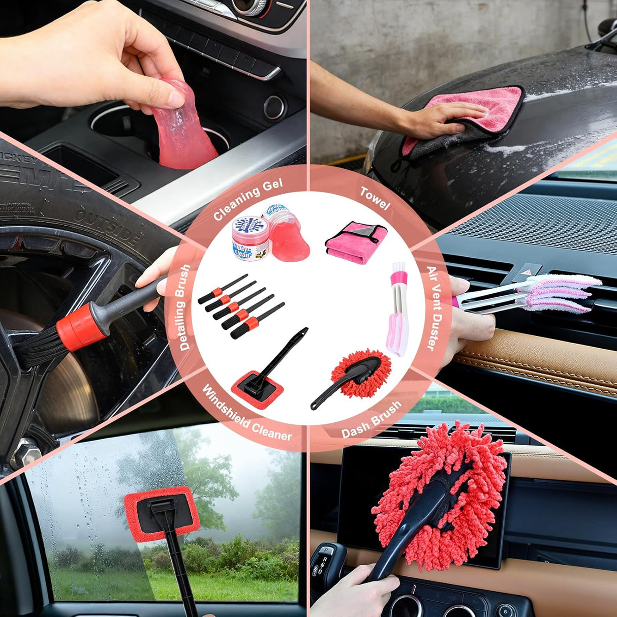 Automotive Tools 15PCS Car Detailing Kit Auto Cleaning Tools Wash Set with Storage Carry Bag Beginners Easy to Use for Interior Exterior Car Care Clean Windshield Dashboard Seat Air Vents Wheels Tires, Red